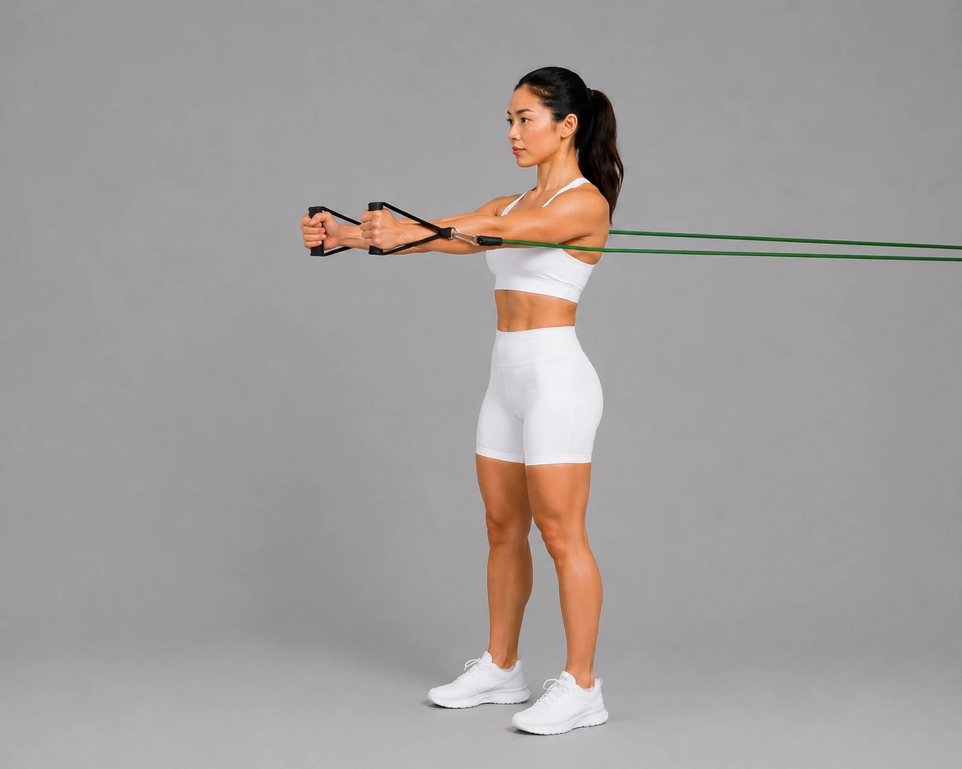 Band chest press end position with arms pressed forward