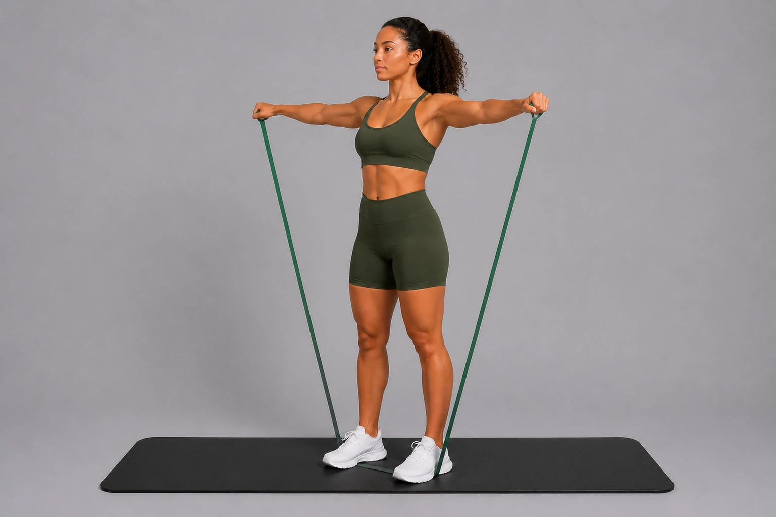 Band lateral raise end position with arms raised to shoulder height
