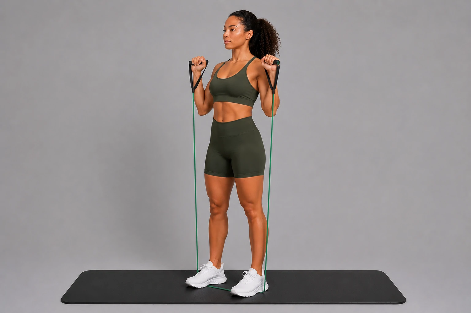 Band shoulder press start position with hands at shoulder height