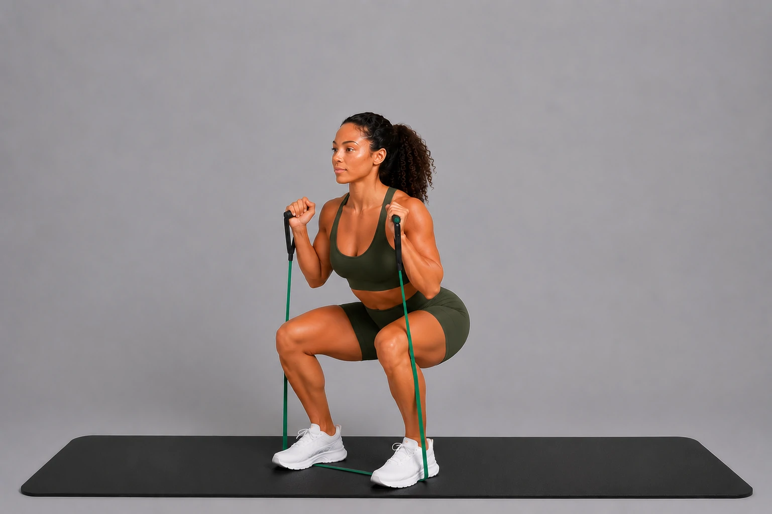 Band squat lower position with hips back and knees bent