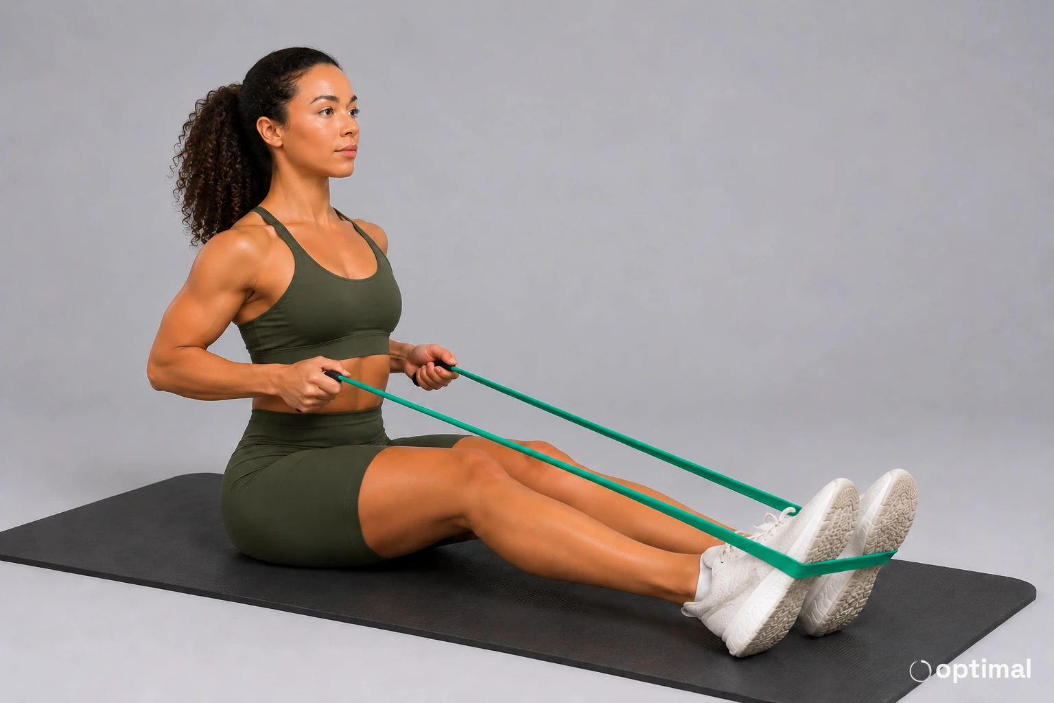 Seated resistance band row finish position: woman remains upright with green band secured around both feet, elbows drawn close to her sides and hands near her lower ribs