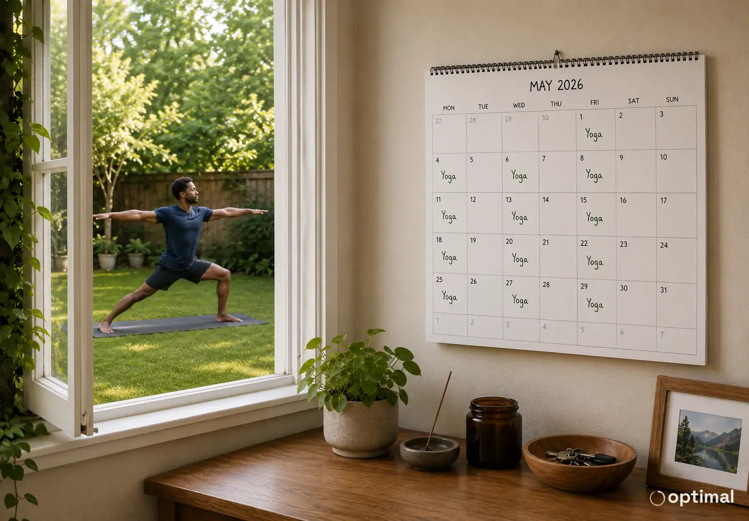 A weekly calendar showing flexibility training sessions beside a home stretching practice