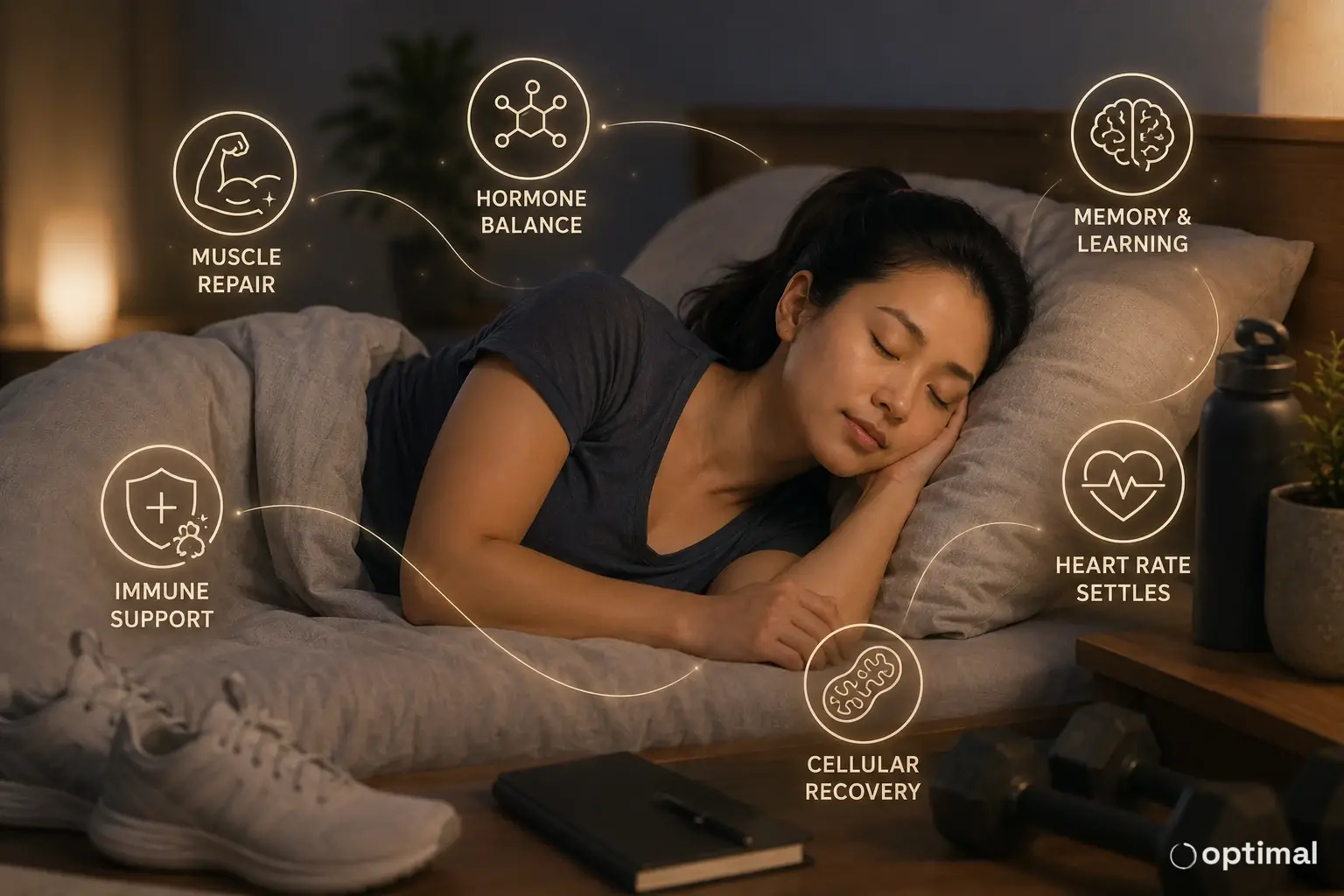A person sleeping while icons show muscle repair, hormone balance, memory and learning, immune support, cellular recovery, and heart rate settling