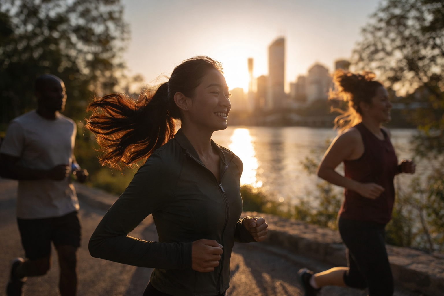 Runners enjoying a Parkrun-style 5k along a riverside path in Brisbane at sunrise